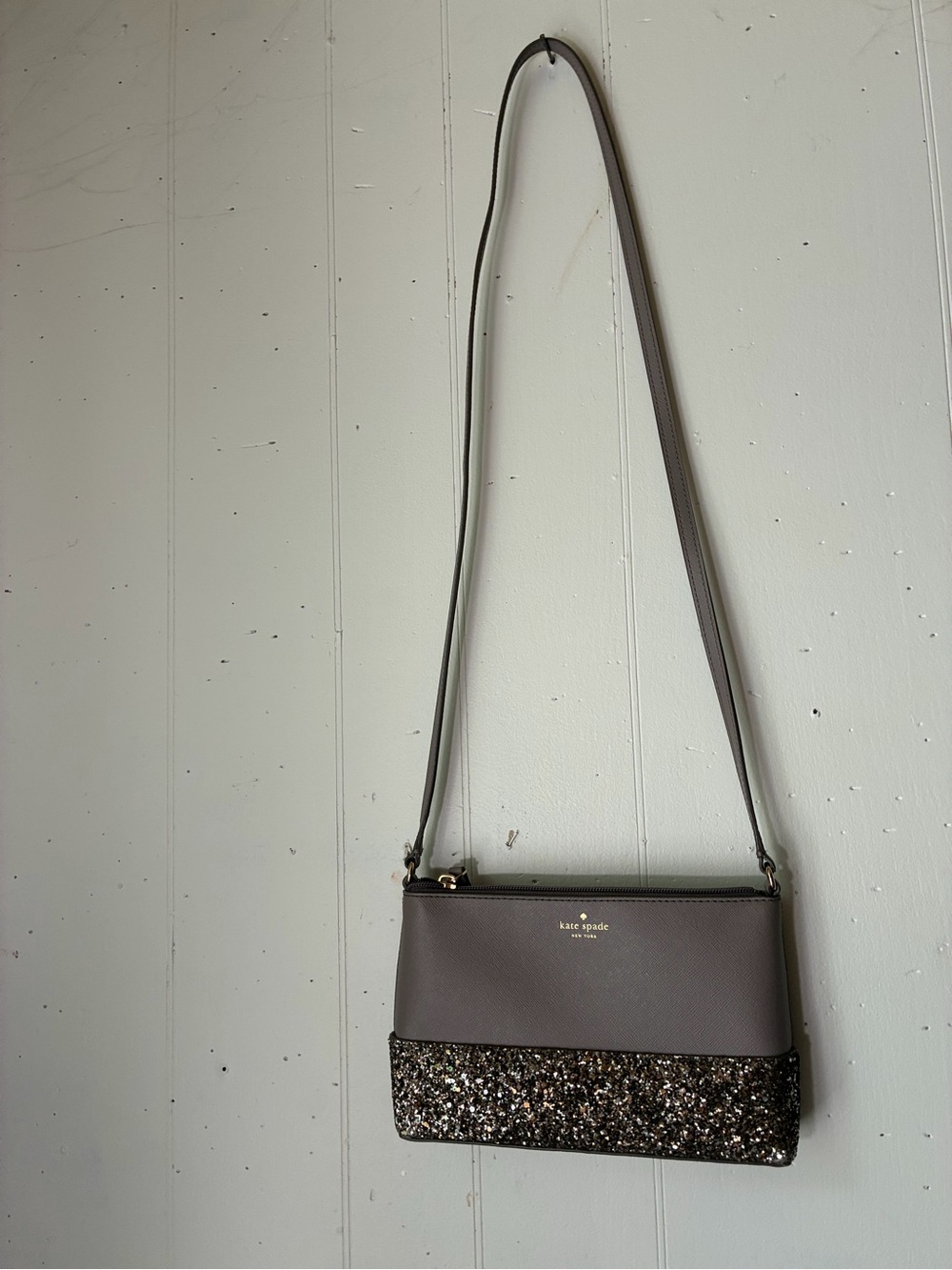 Kate Spade New York Taupe Glitter Crossbody Bag Saffiano Leather